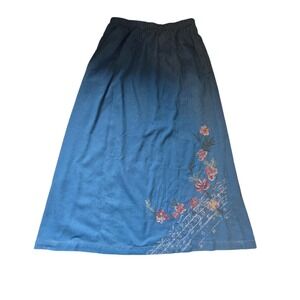 Vtg Koret Denim Midi Skirt MED Floral Embroidery Cottagecore Grandma Fairy